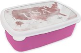 Broodtrommel Roze - Lunchbox - Brooddoos - Kaart - Amerika - Waterverf - 18x12x6 cm - Kinderen - Meisje