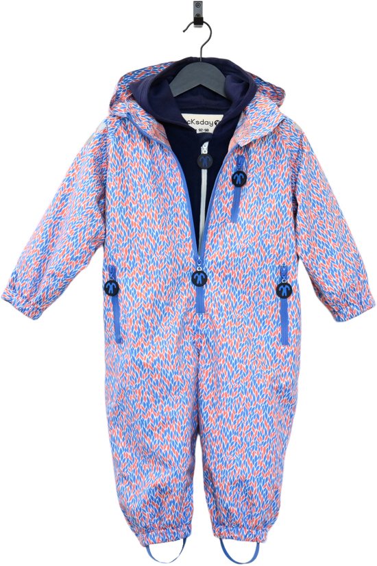 Ducksday – Geschenkset Regenpak + fleece onesie  – voor kinderen – peuters - Kerstpakket – Promo – Maat 110-116–  Joy - Blauw  - Rood - Wit