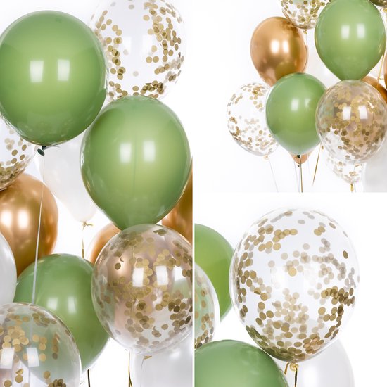 Partizzle 50x Olijfgroene, Gouden & Witte Helium Confetti Ballonnen - Groene Verjaardag Versiering - Ballonnenboog Maken - Latex - Partizzle®
