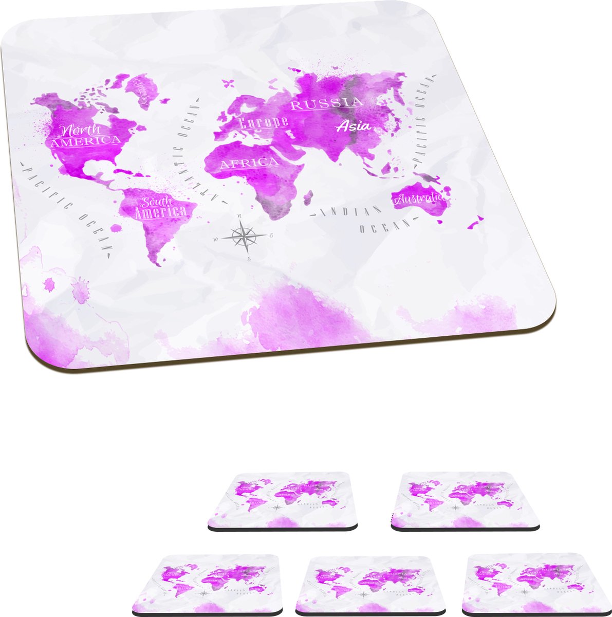 Onderzetters voor glazen - Wereldkaart - Roze - Abstract - 10x10 cm - Glasonderzetters - 6 stuks