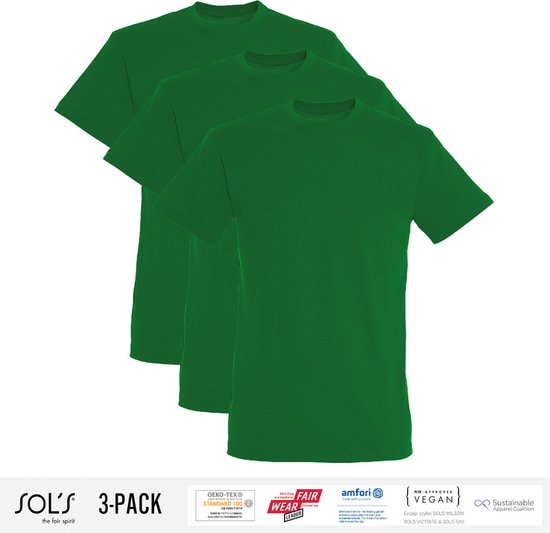 3 Pack Sol's Jongens/Meisjes T-Shirt 100% biologisch katoen Ronde hals Kelly Groen Maat 130/140 (9/10 Jaar)
