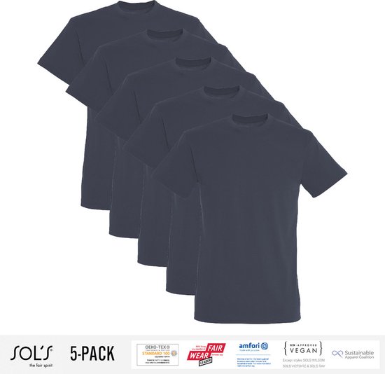 Lot de 5 T-Shirts Homme Sol's 100% Coton Bio Col Rond Gris Souris Taille S