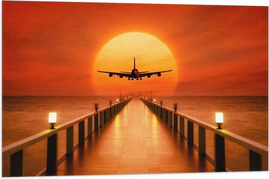 WallClassics - Vlag - Vliegtuig vliegend boven Vlonder met Grote Zon - 90x60 cm Foto op Polyester Vlag