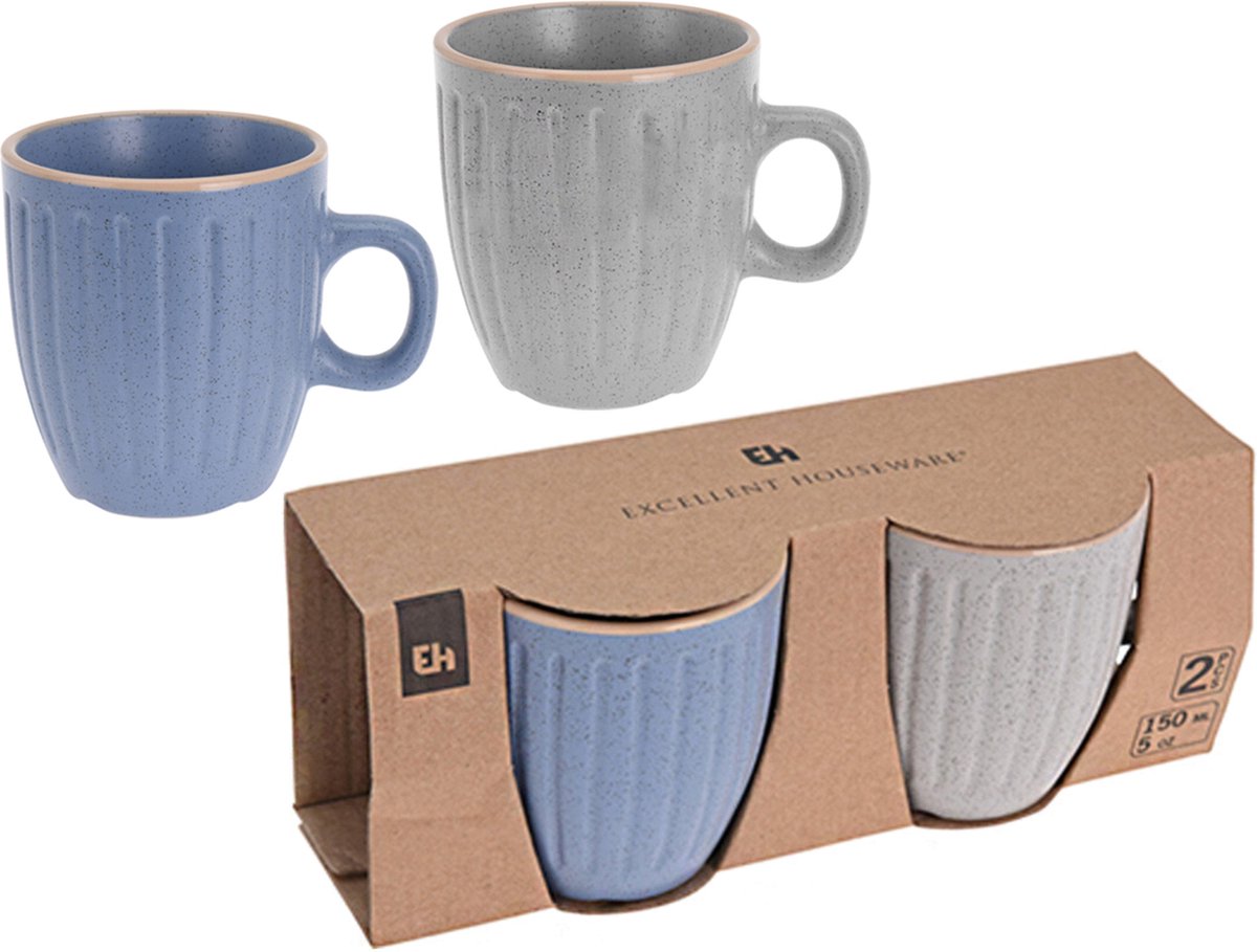 Excellent Houseware - drinkbeker/mok set - 4x - blauw/grijs - keramiek - 150 ml