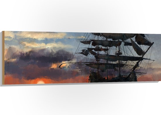 Gards Tuinposter Piratenschip aan de Kust bij Zonsondergang - 120x120