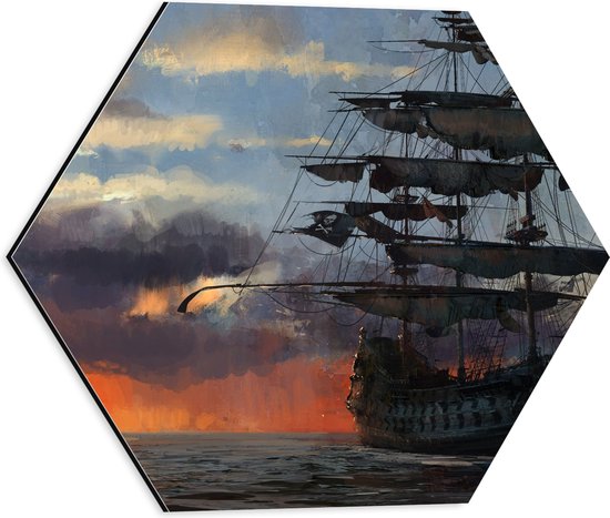 WallClassics - Dibond Hexagon - Groot Piratenschip op Zee met Zon - 40x34.8 cm Foto op Hexagon (Met Ophangsysteem)