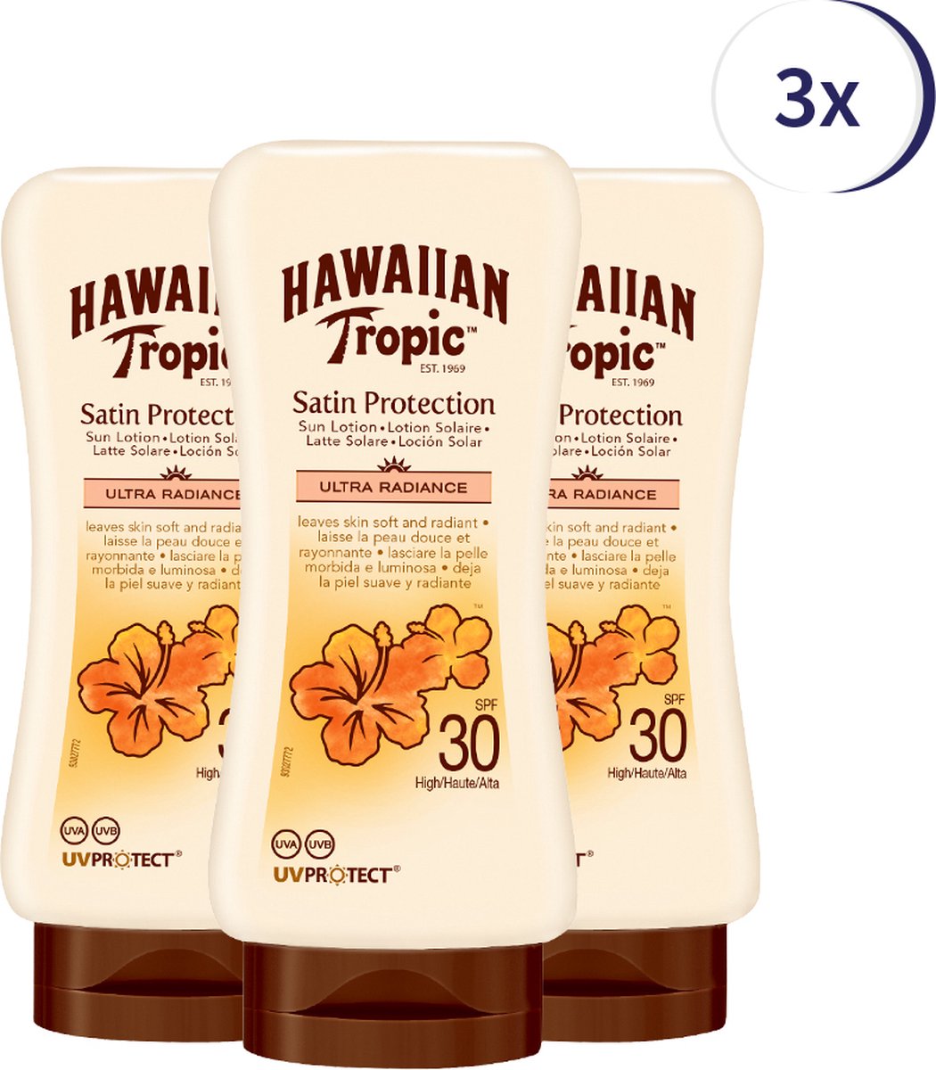 Goedkoopste Hawaiian Tropic Satin Protection Sun Lotion - SPF30 - 180ml - 3 Stuks - Zonnebrand - Tropische geur - Dermatologisch getest - Waterbestendig - Voordeelverpakking