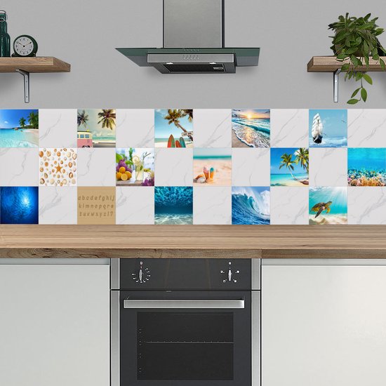 Plaktegels - Zelfklevende Tegels - 15x15 cm - Ulticool - Strand Zee Aquarium Surfplank Hout Schelpen Zand Decoratie - 15 stuks - Decoratie Sticker Tegels - Plakfolie Tegelstickers - Achterwand voor de Muur Badkamer - Keukenwand Keuken - Sticktiles
