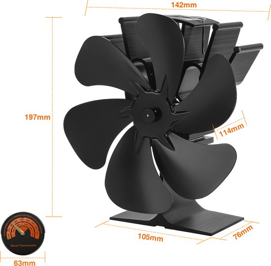 HAWCAFU Kachelventilator, magnetisch, 3-in-1, kachelventilator, zonder stroom, haardventilator met thermometer voor hout/brandhout/vuurplaats/ kachelpijp, Stove Fan for Fireplace, met reserveonderdeel