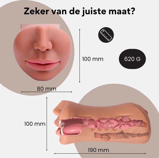 Afmetingen van de roze masturbator met gezicht en anatomische details.