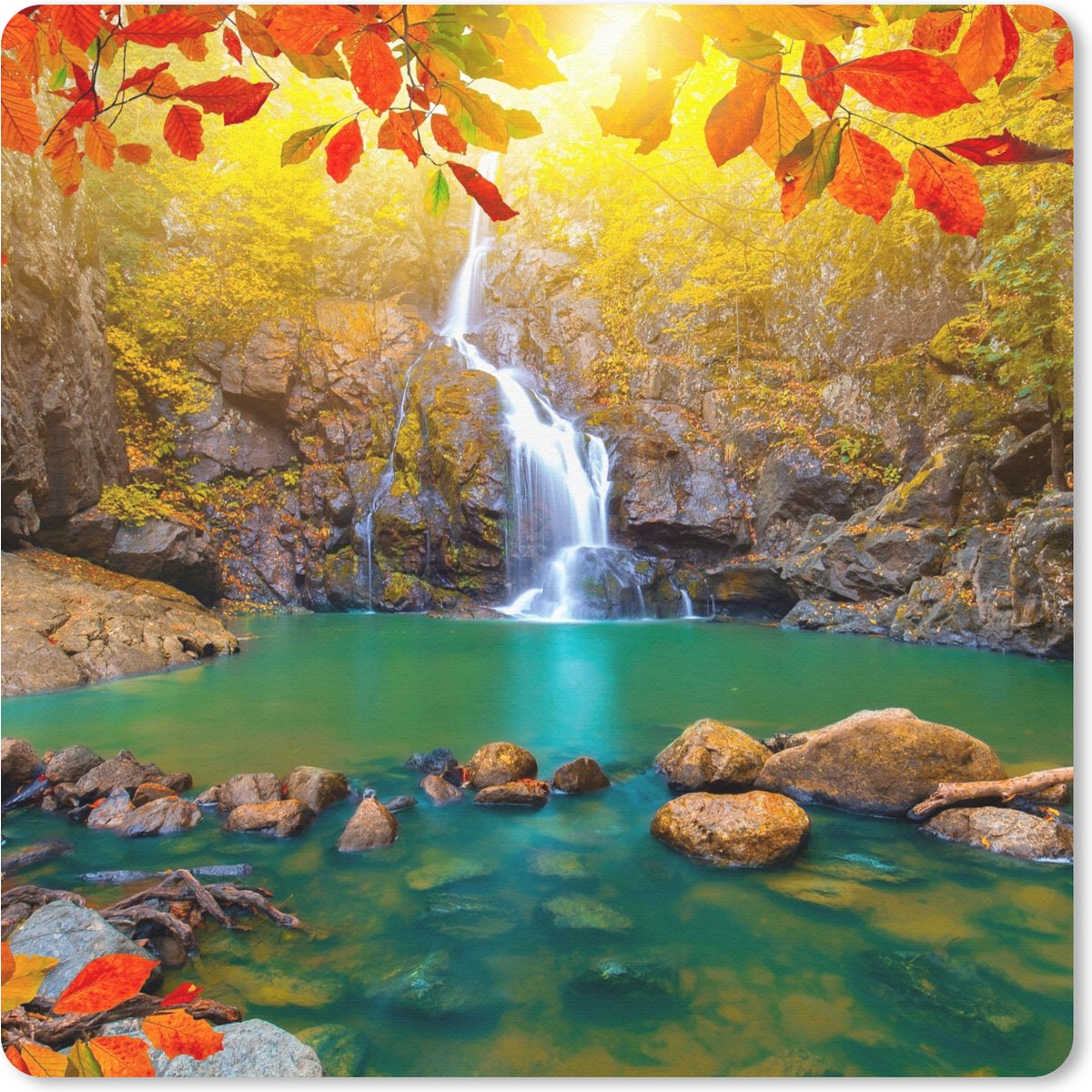 Muismat 30x30 cm - Mousepad Stenen - Boom - Waterval - Herfst - Rood - Muismatten