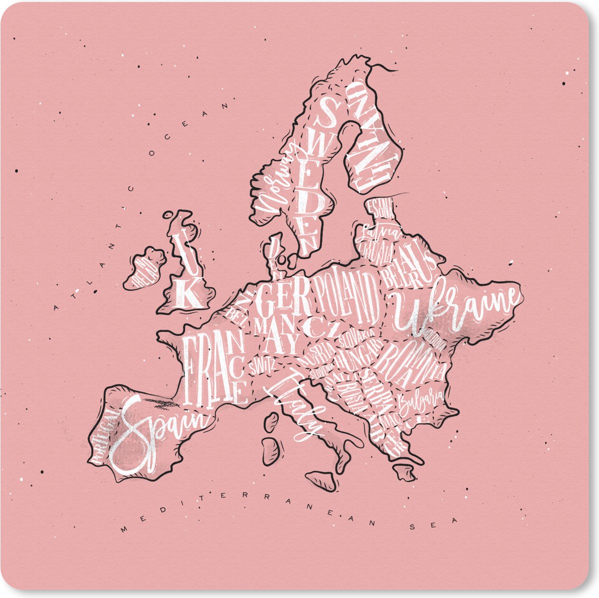 Muismat 20x20 cm - Mousepad Kaart - Europa - Roze - Letters - Muismatten