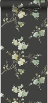 ESTAhome papier peint fleurs de cerisier vert, ocre jaune et noir - 148719