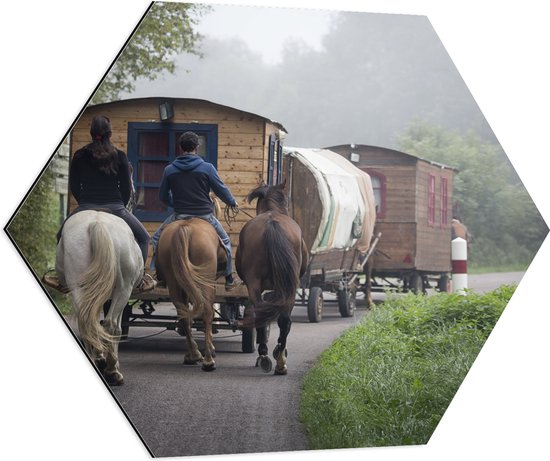 WallClassics - Dibond Hexagon - Ouderwetse Caravan met Paard en Wagen - 80x69.6 cm Foto op Hexagon (Met Ophangsysteem)