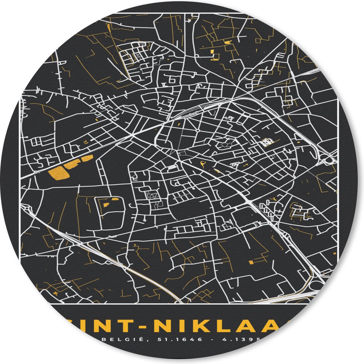 Muismat rond 40x40 cm - Mousepad Stadskaart - Sint-Niklaas - Plattegrond - Goud - Kaart - Ronde muismatten - Stadskaart