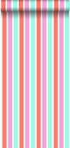ESTAhome behangpapier verticale strepen roze, turquoise en koraal rood - 138704 - 53 cm x 10,05 m