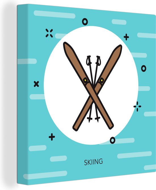 Canvas Schilderij Ski's en skistokken als een symbool in een illustratie - 90x90 cm - Wanddecoratie