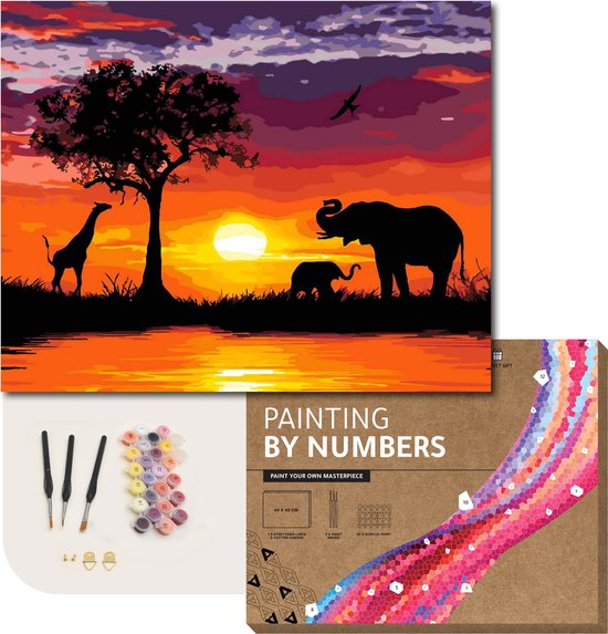 Foto: Arteco schilderen op nummer painting by numbers volwassenen kinderen met frame savanne bij avondgloed cadeau