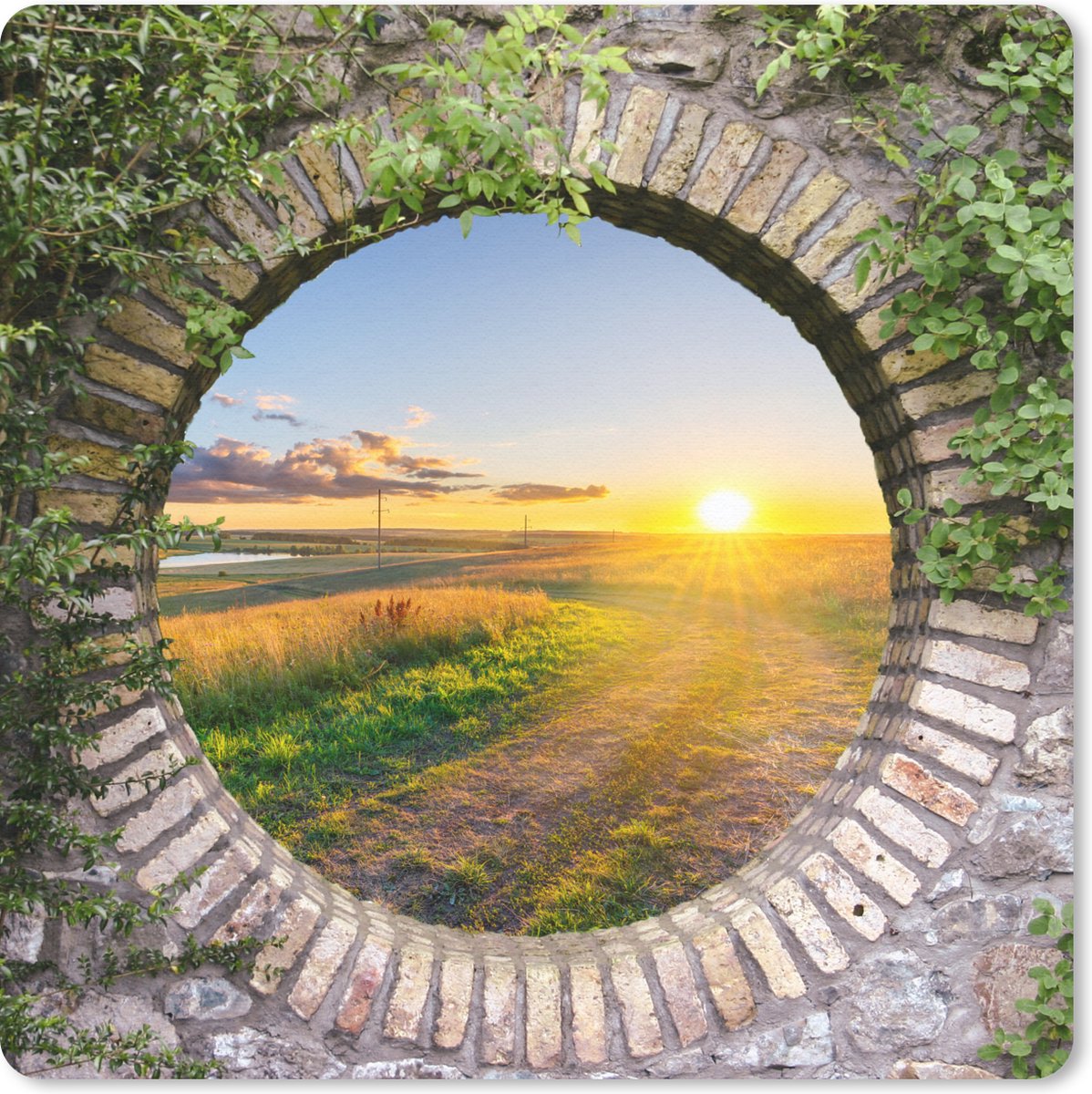 Muismat 30x30 cm - Mousepad Platteland - Doorkijk - Zon - Muismatten
