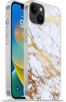 Geschikt voorApple Iphone 14 Plus - Soft case hoesje - Marmer print - Goud - Wit - Luxe - Marmer printlook - Glitter - Siliconen Telefoonhoesje
