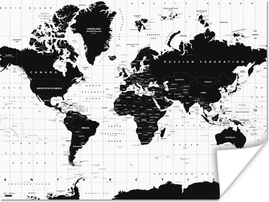 Foto: Wereldkaarten wereldkaart zwart wit atlas aarde educatief 80x60 cm