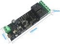 Printplaat met 2 relais, USB-ingang en knoppen. Afmetingen 105mm x 32mm x 16mm, met maatindicaties.