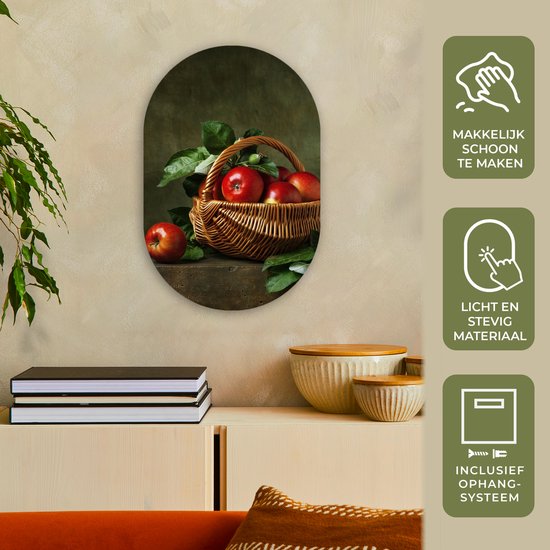 Ovale Mural - Ovale Mural - Décoration murale Plastique - Peinture Ovale - Rustique - Pomme - Fruit - Rouge - Panier - Nature Morte - 40x60 cm - Forme Miroir Ovale sur Plastique