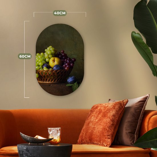 Ovale mural - Ovale mural - Décoration murale en plastique - Peinture ovale - Rustique - Fruits - Canette - Panier - Nature morte - 40x60 cm - Forme miroir ovale sur plastique