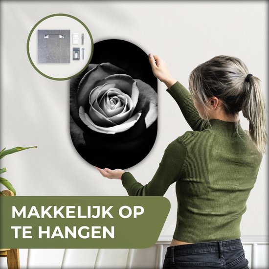 Ovale Mural - Ovale Mural - Décoration murale Murale Plastique - Peinture Ovale - Fleurs - Zwart - Rose - Wit - Botanique - 40x60 cm - Forme miroir ovale sur plastique