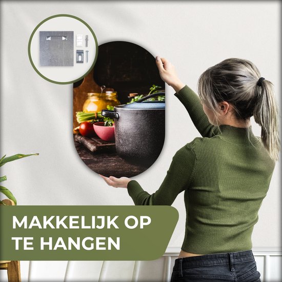 Ovale mural - Ovale mural - Décoration murale murale en plastique - Peinture ovale - Rustique - Nature morte - Pan - Légumes - 40x60 cm - Forme miroir ovale sur plastique