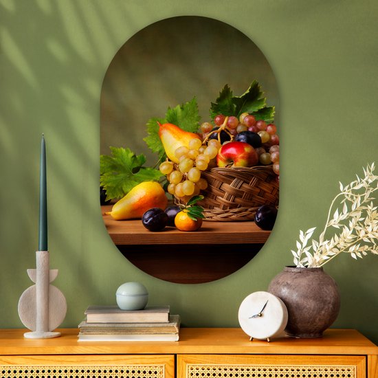 Ovale mural - Ovale mural - Décoration murale en plastique - Tableau ovale - Rustique - Corbeille - Fruits - Nature morte - 60x90 cm - Forme miroir ovale sur plastique