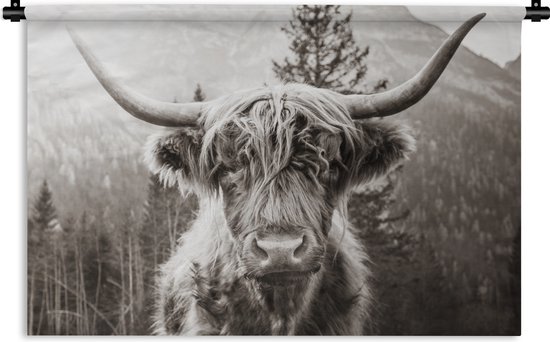 Wandkleed - Wanddoek - Schotse hooglander - Koe - Dieren - Zwart - Wit - 60x40 cm - Wandtapijt