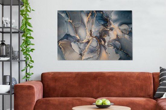 Toile Peinture Marbre - Grijs - Blauw - Luxe - Or - 120x80 cm - Décoration murale