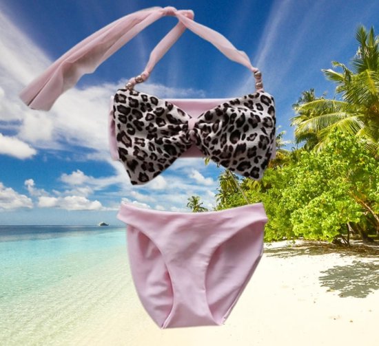 Maat 56 Bikini roze grote panterprint strik Baby en kind lichtroze zwemkleding - Merkloos