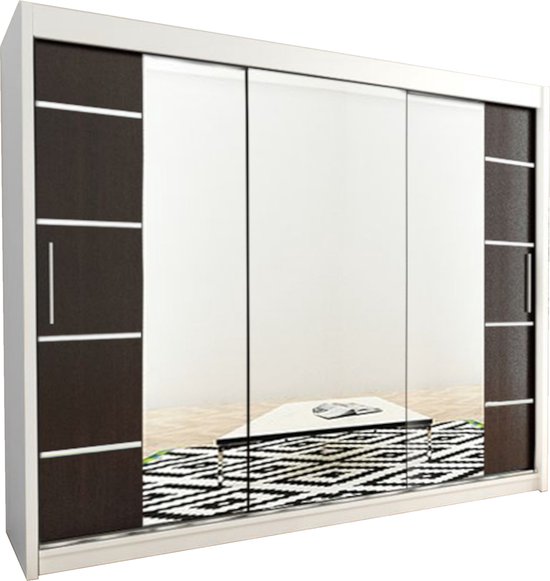 InspireMe - Armoire 3 portes coulissantes, Style moderne, Armoire avec étagères (LxHxP): 250x200x62 - VENTILA IV 250 Wit Mat + Zwart mat 4 tiroirs