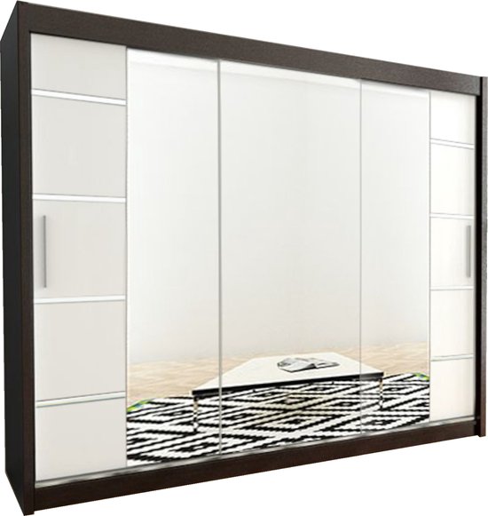 Kast met 3 spiegel schuifdeuren en witte deuren met verticale zilveren accenten.
