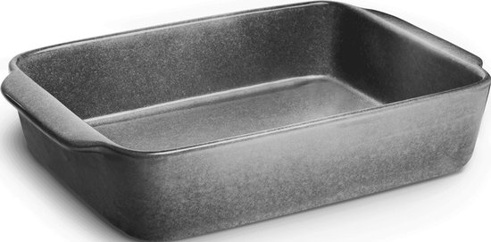 Grijze rechthoekige ovenschaal met een fijne spikkeltextuur.