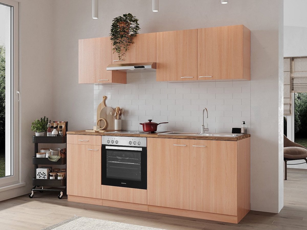 Goedkope keuken 210 cm - complete keuken met apparatuur Gerda - Beuken/Beuken - keramische kookplaat - afzuigkap - oven - spoelbak