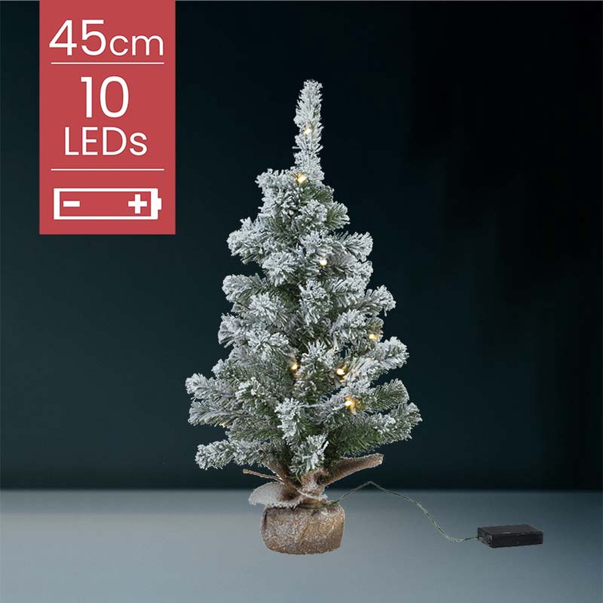 Kleine Kunstkerstboom | In Jute Zak | 45 CM | 10 LED | Batterij | Sneeuw