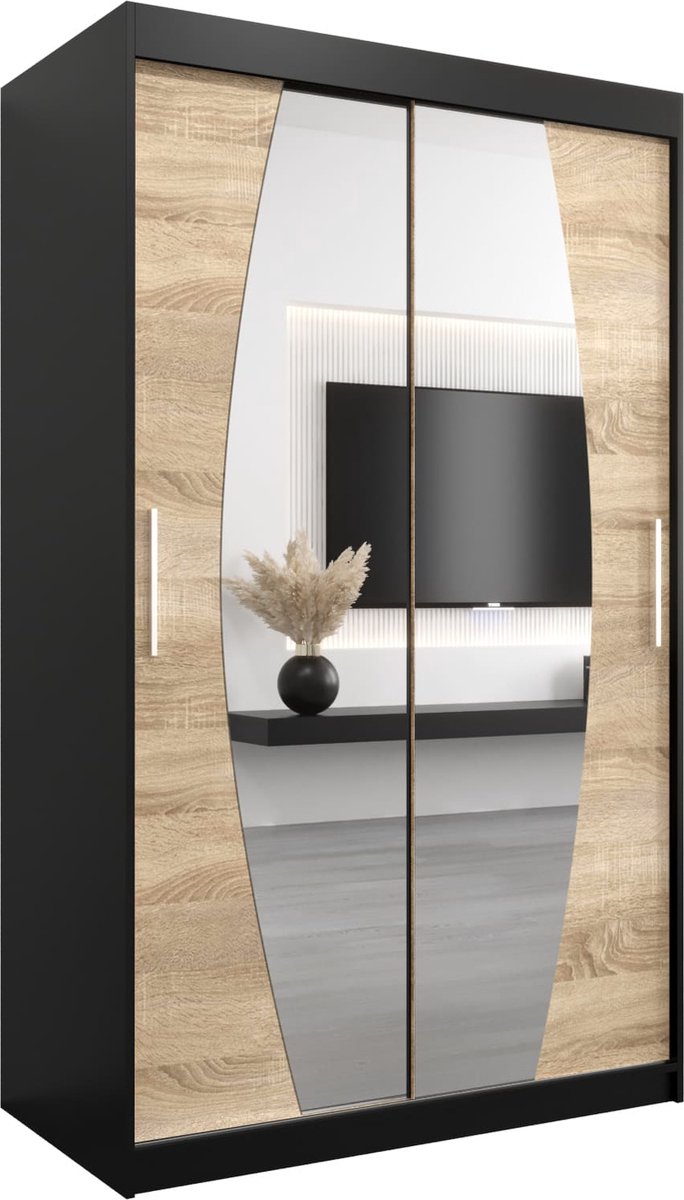 InspireME Kledingkast met 2 schuifdeuren, Modern-stijl, Een kledingkast met planken en een spiegel (BxHxD): 120x200x62 - GLOBE 120 Zwart Mat + Sonoma Eik