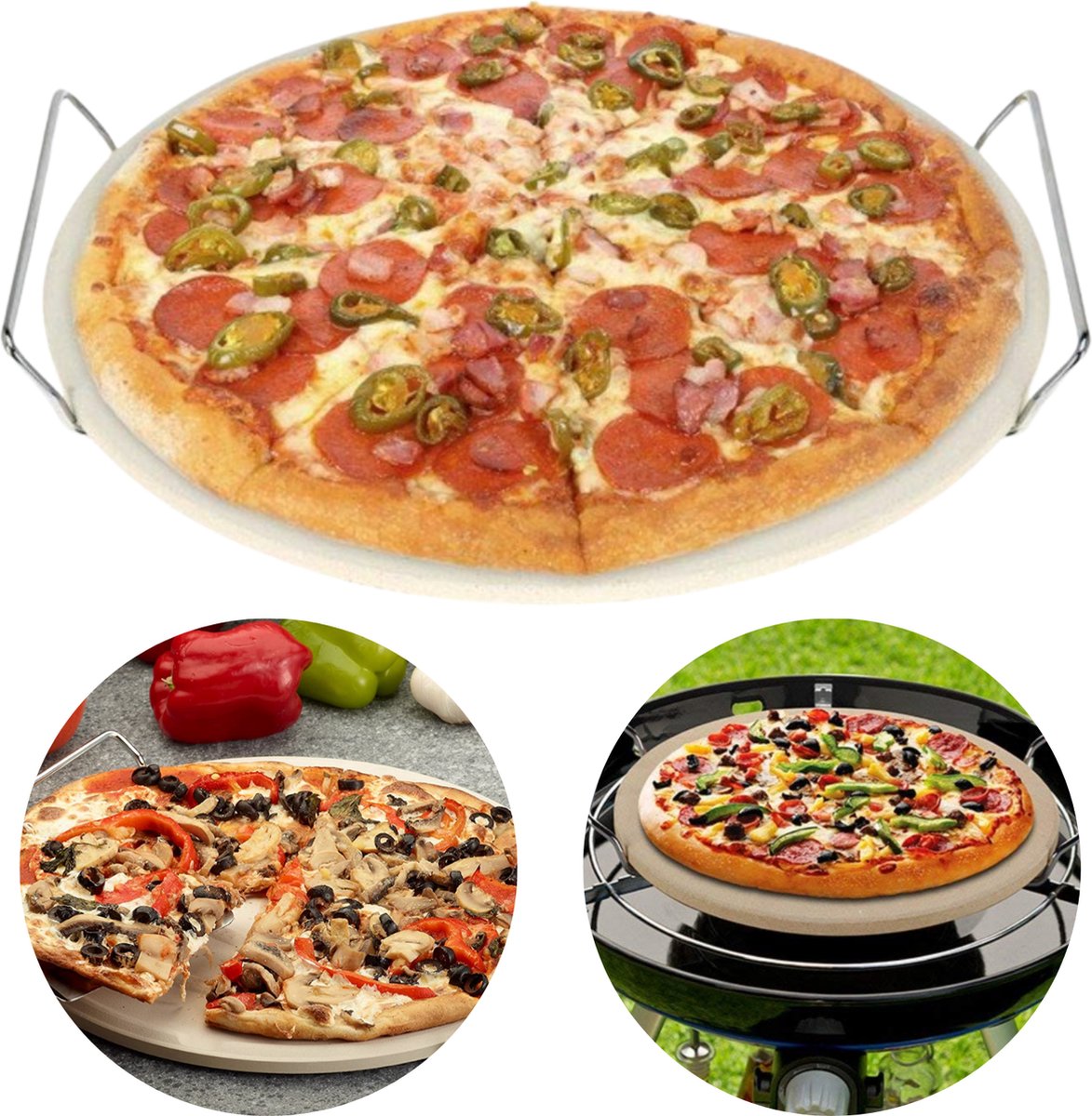 Cheqo® Pizzasteen - Pizza Baksteen - Oven Steen - Pizza Stone - BBQ Steen - Pizza Steen voor BBQ en Oven - Broodbaksteen - Met Metalen Rek - ø33cm