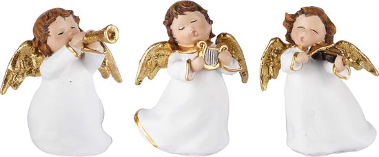 Set van 3 engeltjes / engel met muziek instrument - Wit / goud / bruin - 10 x 9 x 11 cm hoog per engeltje)