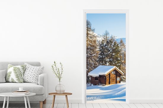 Sticker pour porte Cabane dans les montagnes suisses en hiver - 80x205 cm - Affiche de porte