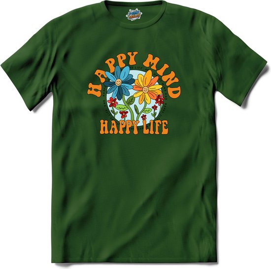 Flower Power - Happy Mind Happy Life - Vintage Aesthetic - T-Shirt - Heren - Bottle Groen - Maat 3XL
