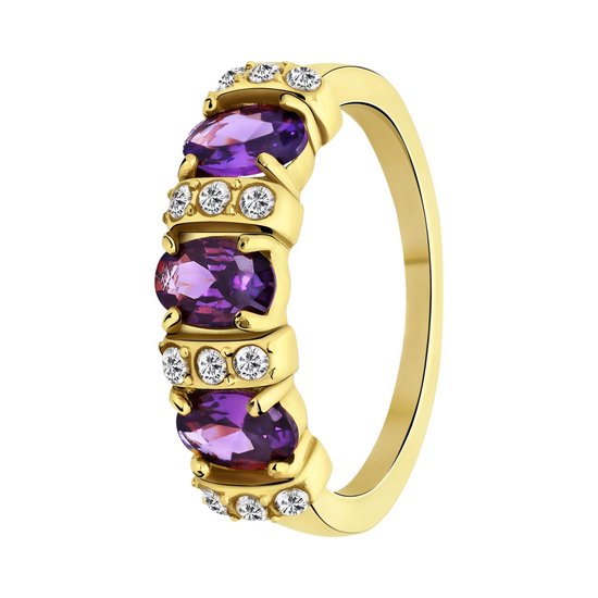 Lucardi Dames vintage ring met paarse zirkonia – Maat 53 – 17mm - Ring - Cadeau - Moederdag - Staal goldplated - Goudkleurig