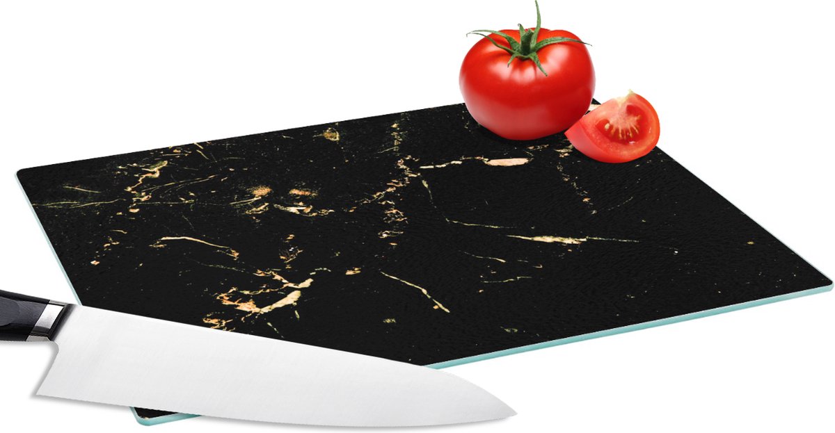 Glazen Snijplank - 28x20 - Marmer - Kalk - Zwart - Goud - Snijplanken Glas
