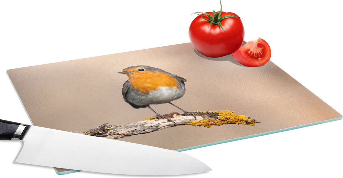 Glazen Snijplank - 28x20 - Roodborstje - Vogel - Tak - Dieren - Snijplanken Glas