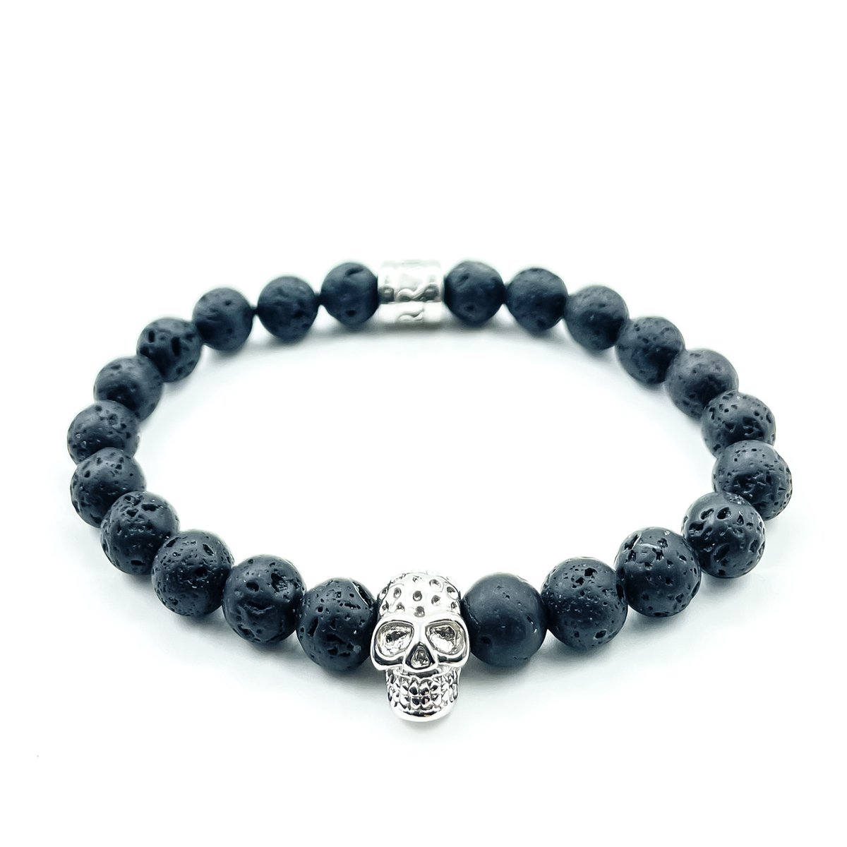 BERRATTI Skull Collection Lava Armband Zwart - Kralenarmbanden - Natuurstenen - Heren Armband - Dames Armband - Zwart/Zilver