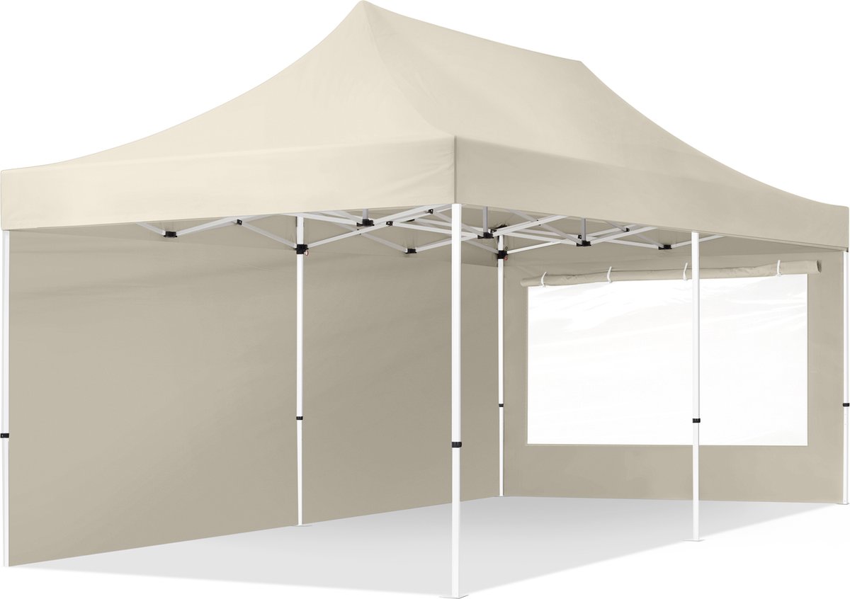 3x6m easy up partytent vouwtent – 2 zijwanden (met panoramavensters) paviljoen PES300 stalen frame crème