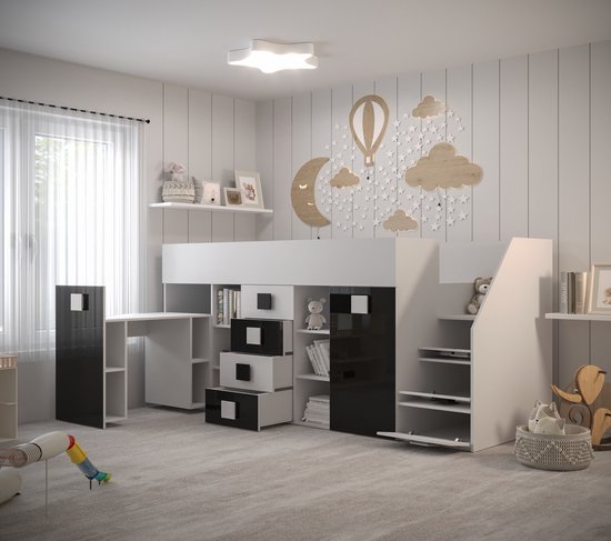 Stapelbed LEDO 3 - Antresola - 90X200 cm - naar de Kinderkamer - Wit + Turkoois (met Matras)